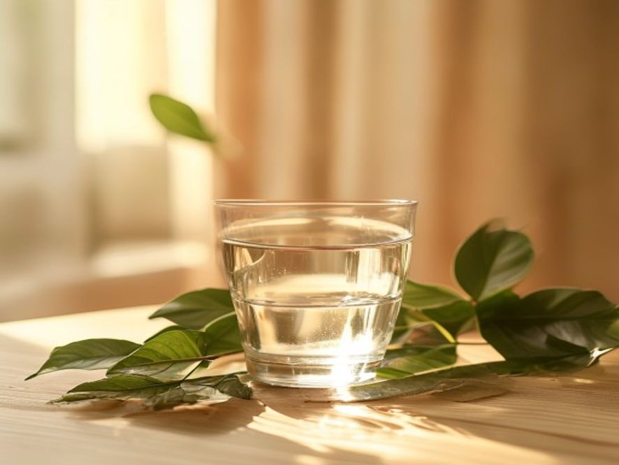 Gezondheid indicators: heldere urine in glas, gezonde huid, helderheid, energieke pose zonder gezicht